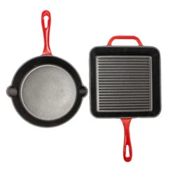 BergHOFF 2Pc Enamel Cast Iron 10" Fry Pan & 10" Grill Pan Set, Red