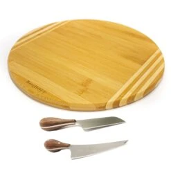 BergHOFF Bamboo 3Pc Round Board And Aaron Probyn Cheese Knives Set