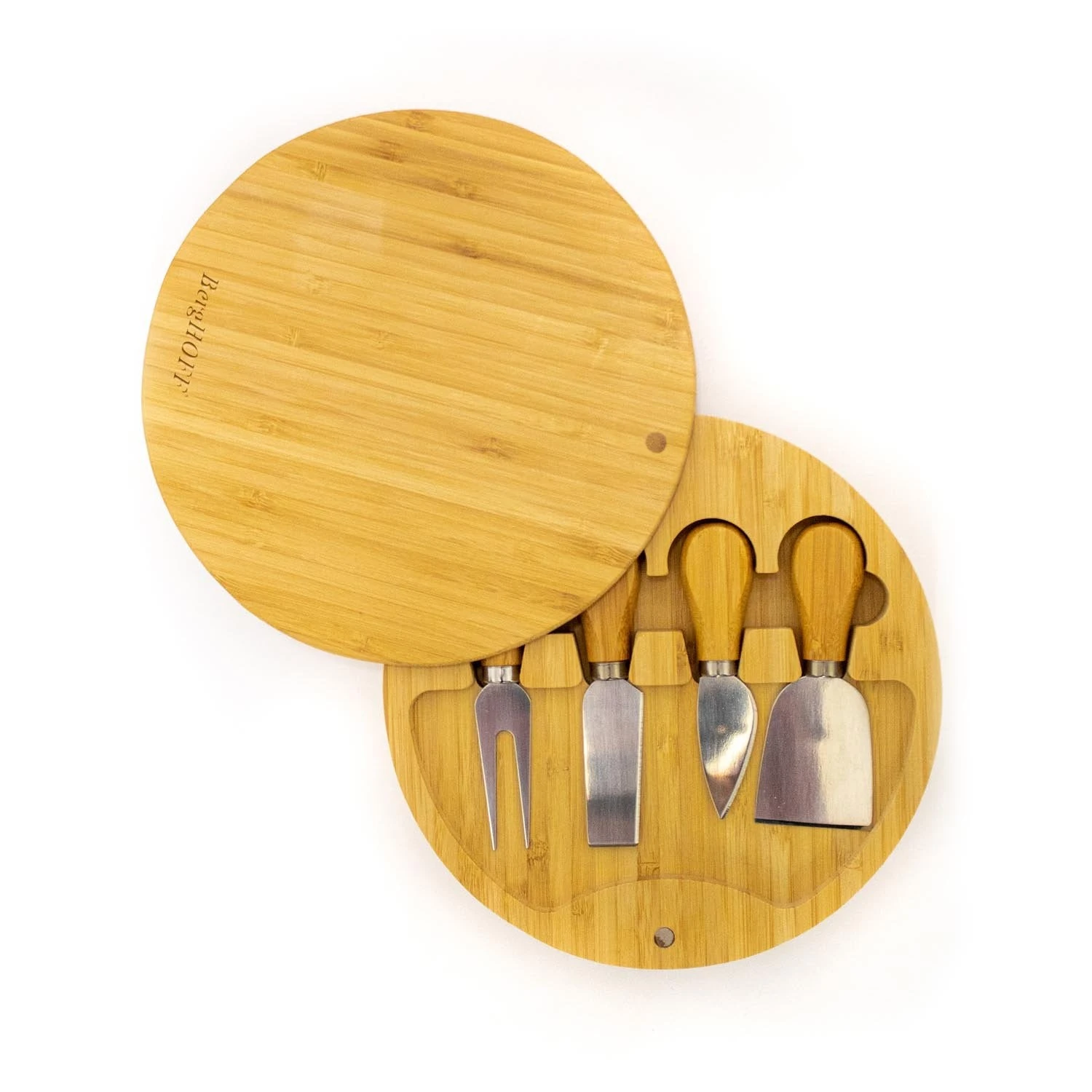 BergHOFF Bamboo 6pc Round Covered Cheese Board Set, With 4 Tools, 8.7x1.5" 3 BergHOFF Bamboo 6pc Round Covered Cheese Board Set, With 4 Tools, 8.7x1.5"