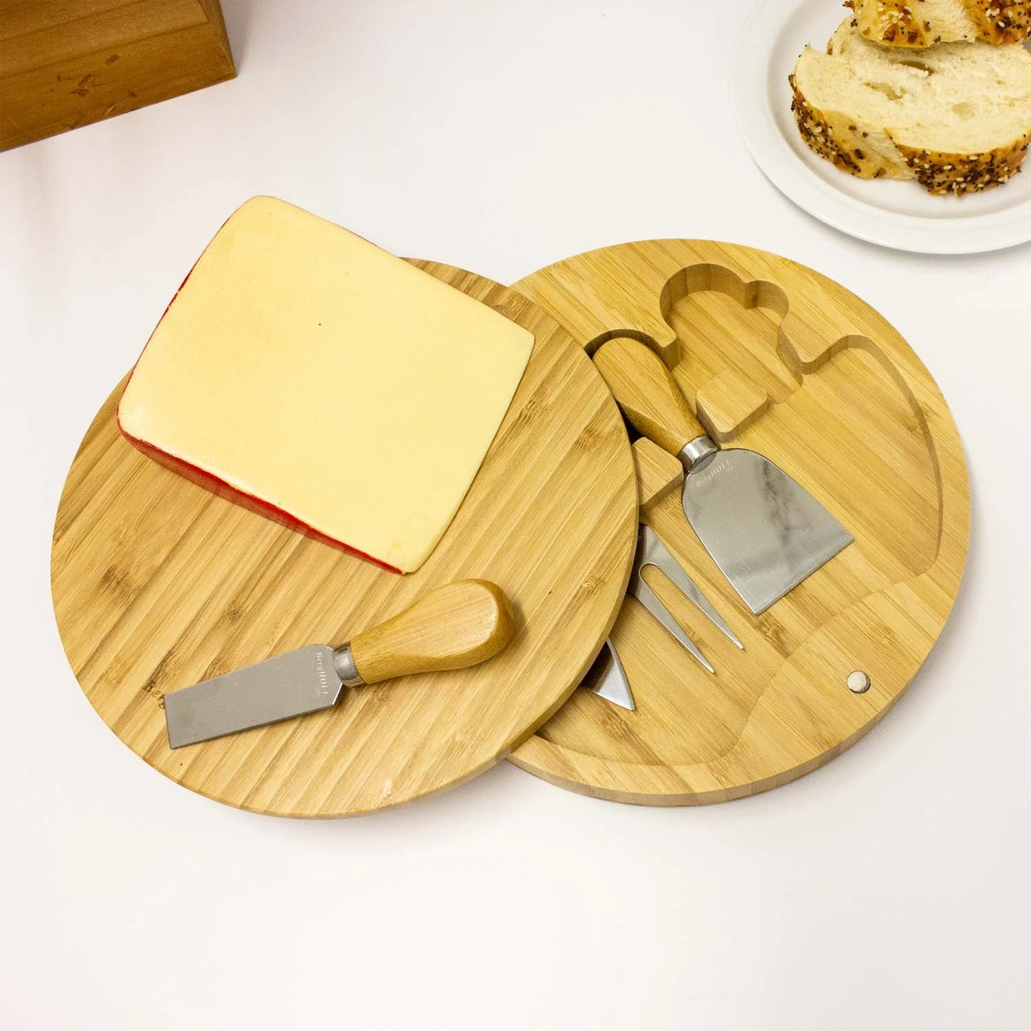 BergHOFF Bamboo 6pc Round Covered Cheese Board Set, With 4 Tools, 8.7x1.5" 4 BergHOFF Bamboo 6pc Round Covered Cheese Board Set, With 4 Tools, 8.7x1.5" - Image 2