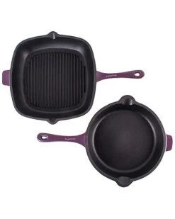 BergHOFF Neo 2pc Purple Grill Pan And Fry Pan Cast Iron Set Home