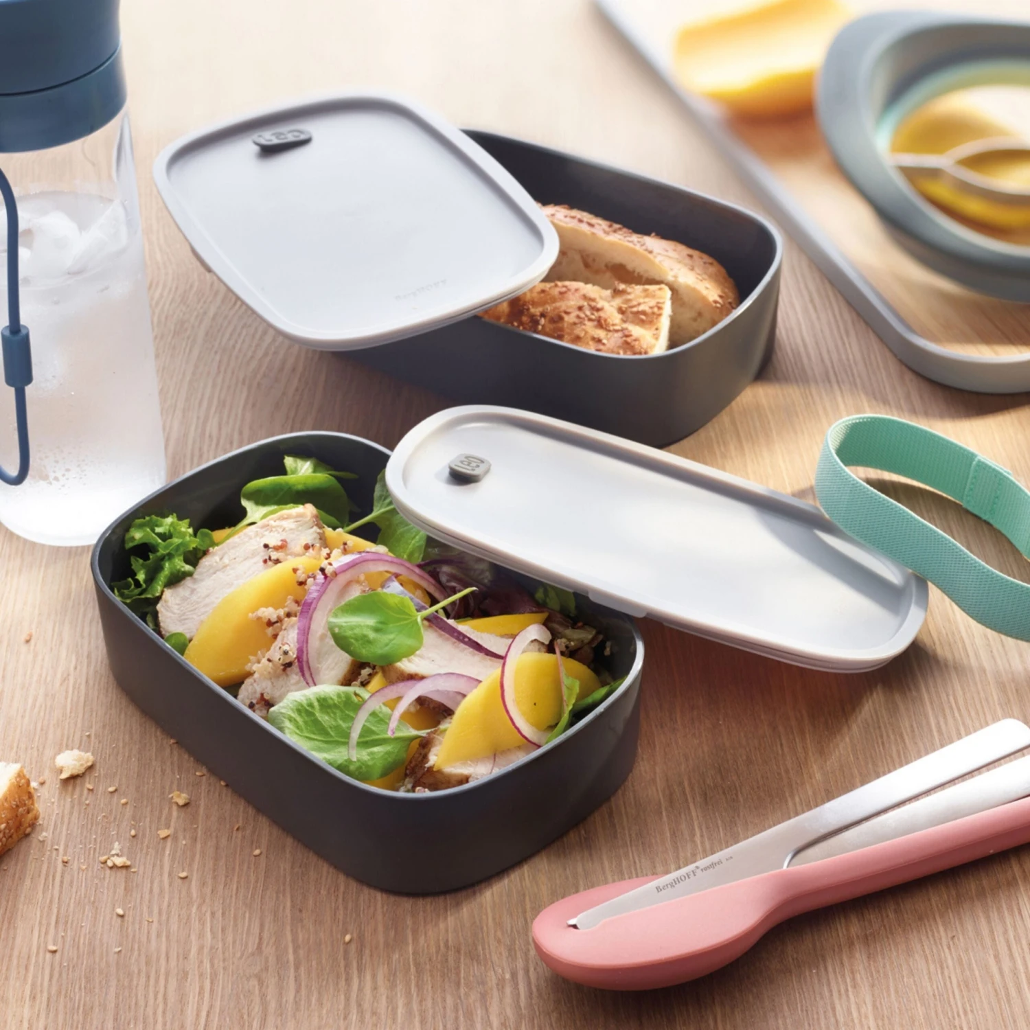 BergHOFF Leo 3Pc 1.7Qt Dual Bento Box Set With Strap, Gray & Mint 4 BergHOFF Leo 3Pc 1.7Qt Dual Bento Box Set With Strap, Gray & Mint - Image 2