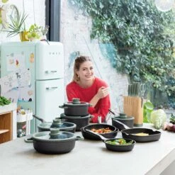 BergHOFF Forest Non-stick Cast Aluminum Wok Pan 11", 4.6qt. With Glass Lid -BergHOFF Shop 3950379 2