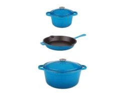 BergHOFF Neo Cast Iron Set 5pc Blue (3qt Cast Iron Covered Stockpot, 5qt Cast Iron Covered Dutch Oven, 10" Cast Iron Fry Pan)