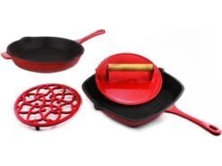 BergHOFF Cast Iron Set 4pc Red (10" Fry Pan, 11" Grill Pan, Steak Press, Apple Trivet)