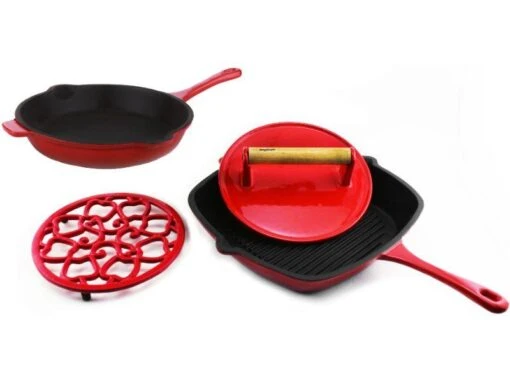 BergHOFF Cast Iron Set 4pc Red (10" Fry Pan, 11" Grill Pan, Steak Press, Apple Trivet) -BergHOFF Shop BergHOFF 2211770 2