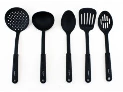 BergHOFF Studio 5Pc Nylon Cooking Utensil Set Skimmer Slotted Turner Slotted Spoon Soup Spoon Ladle Black Wide Handle With Hanging Ring Everyday Use