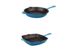 BergHOFF Neo 2Pc Cast Iron Set, 10" Fry Pan & 11" Grill Pan Set, Blue