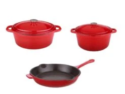 BergHOFF Neo 5Pc Cast Iron Set, 5Qt Covered Dutch Oven, 8Qt Covered Dutch Oven, & 10" Fry Pan, Red