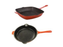 BergHOFF Neo 2pc Cast Iron Set, 10" Fry Pan & 11" Grill Pan, Orange